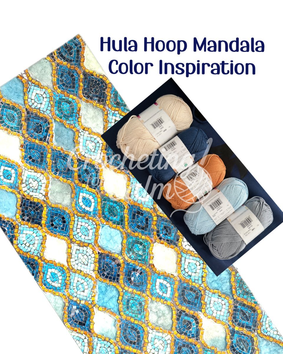 Hula hoop crochet mandala color inspiration featuring five skeins of yarn—cream, navy, orange, light blue, and gray—next to an intricate blue, orange, and white mosaic tiled wall hanging