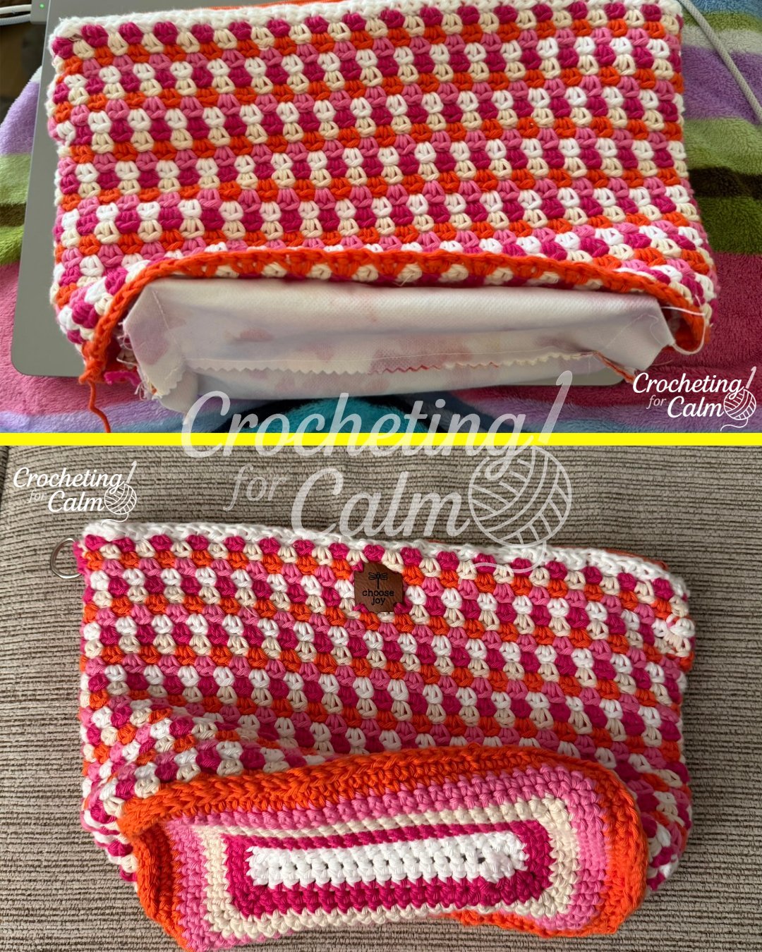 Split view showing a white fabric liner being inserted into a pink and orange crochet bag shell on top, and a flat bottom view showing a separately crocheted pink, white, and orange rectangular base panel whip-stitched cleanly to the main body on the bottom.