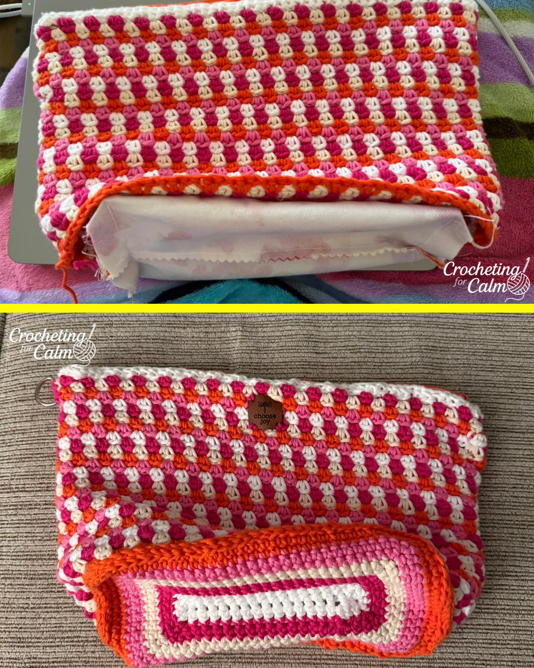 Split view showing a white fabric liner being inserted into a pink and orange crochet bag shell on top, and a flat bottom view showing a separately crocheted pink, white, and orange rectangular base panel whip-stitched cleanly to the main body on the bottom.