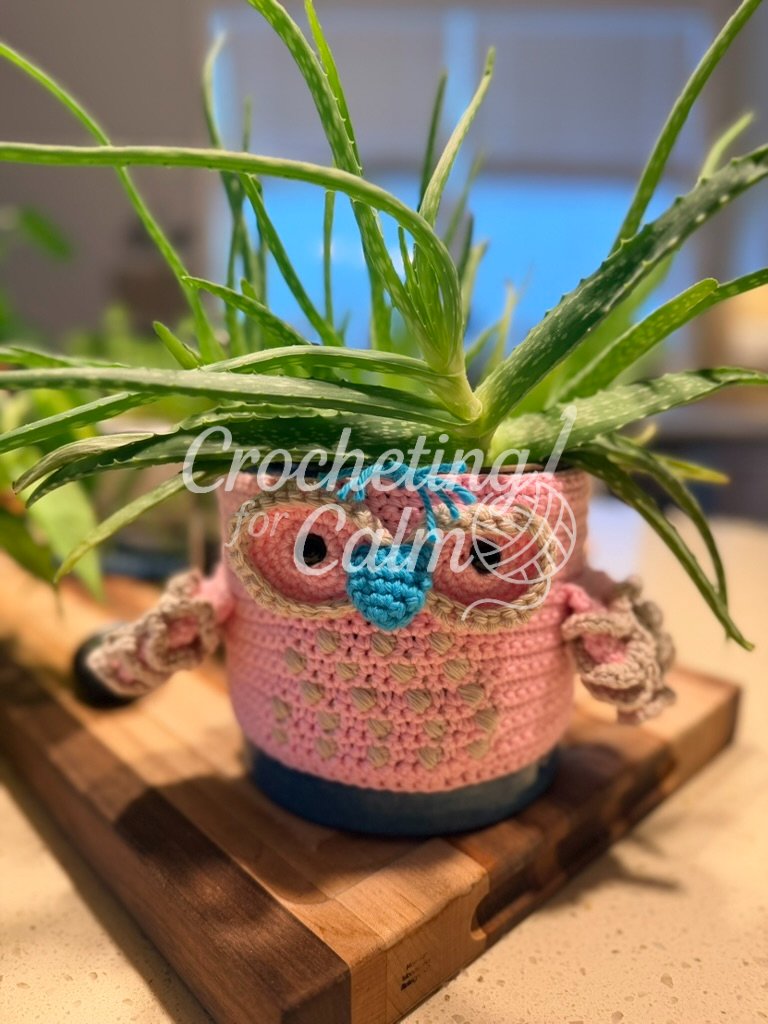 A close-up view of an aloe vera plant in a blue pot dressed in a handmade pink crochet owl cozy, sitting on a wooden cutting board on a kitchen counter. The owl features large cream eye patches with safety eyes, a blue textured beak, and matching ruffled wings.