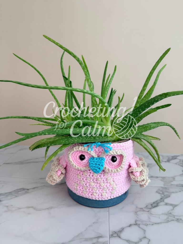 Front view of the aloe vera plant in a blue cylindrical planter wrapped in the pink crochet owl cozy, displayed on a white marble countertop against a neutral wall.