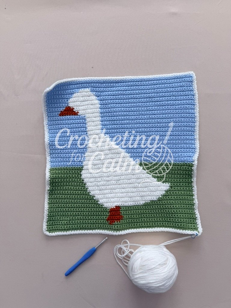 The finished crochet panel laid flat with a neat white single crochet border added around the edges, accompanied by a small ball of white yarn and a blue-handled crochet hook at the bottom.
